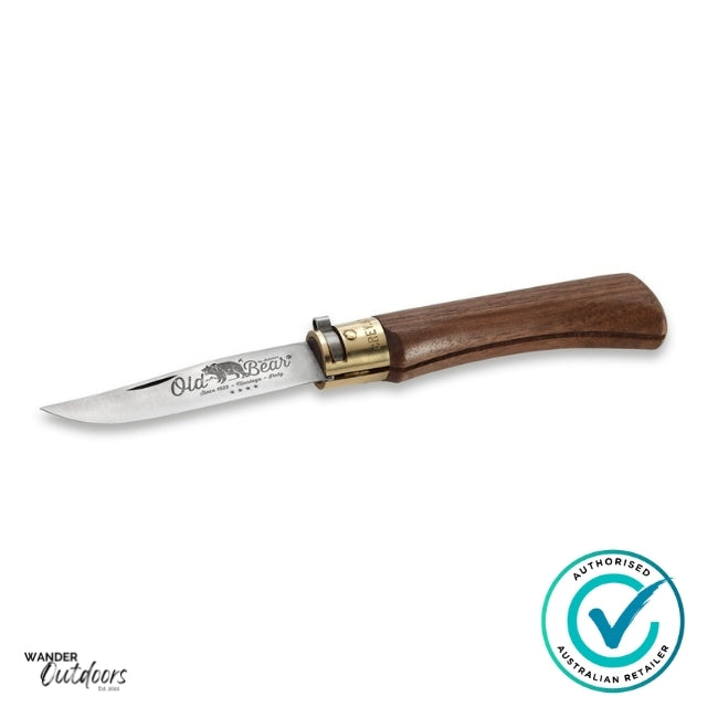 Antonini 9307/21Ln Old Bear Large Walnut Folding Knife - Stainless, Flay Lay, Open Blade