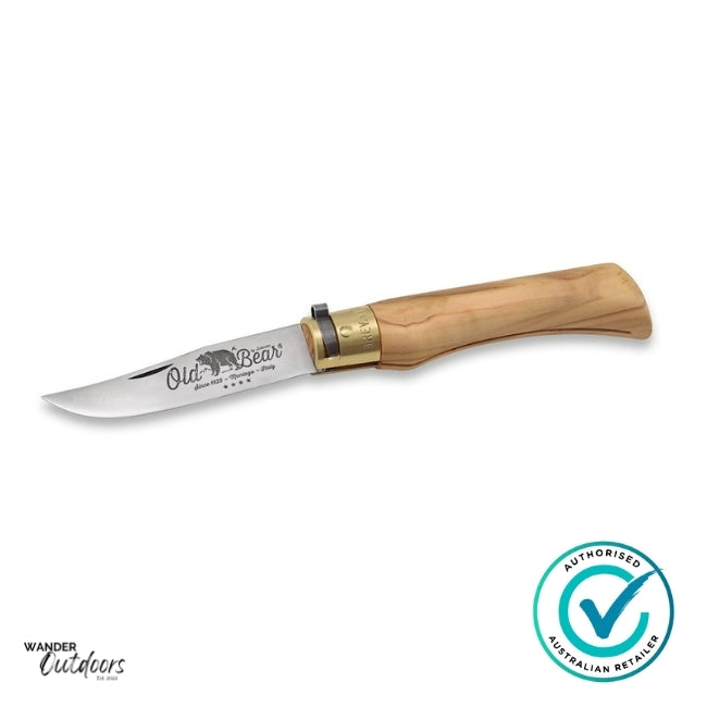 Antonini 9307/21Lu Old Bear Classical Olive Wood Large Knife - Stainless | Flat Lay | Open Blade