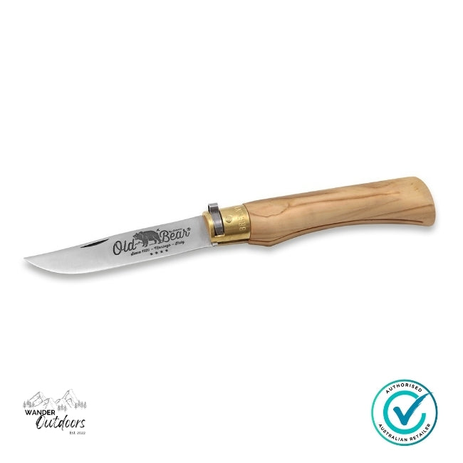 Knife with wooden handle and metal blade on a white background, featuring 'Old Bear' branding.