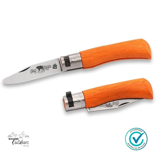 Two orange-handled pocket knives on a white background with a visible brand logo.