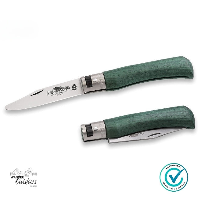 Two green-handled folding knives on a white background with a visible brand logo.