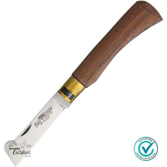Wooden-handled knife with visible branding on a white background