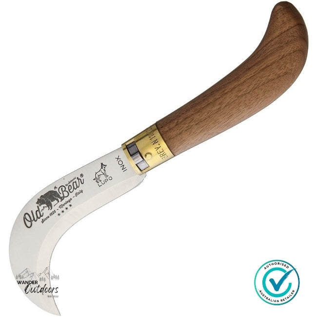 Wooden-handled knife with a curved blade on a white background, featuring the 'Old Bear' brand.