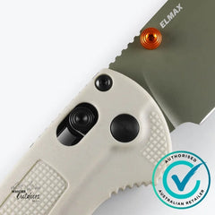 Close-up of a folding knife with 'Elmax' branding and an 'Authorised Australian Retailer' badge.
