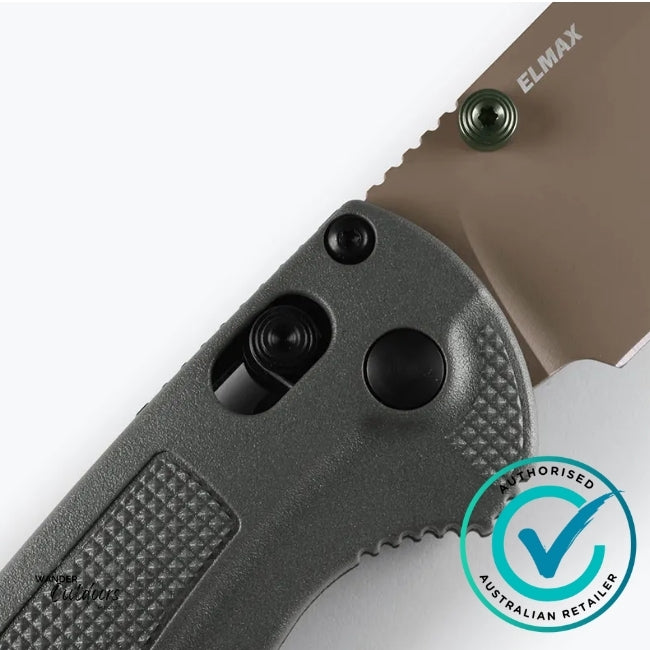 Close-up of a folding knife with 'Elmax' branding and an 'Authorised Australian Retailer' badge.