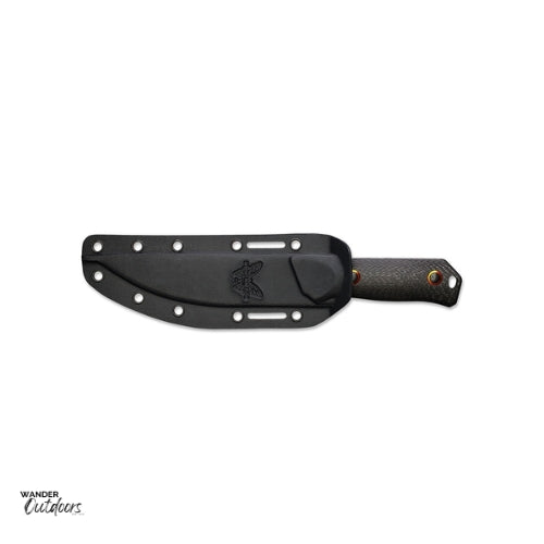 Benchmade 15600OR Raghorn Knife - Fixed Blade - Carbon Fibre Handle Birds Eye View In Sheath Black Side