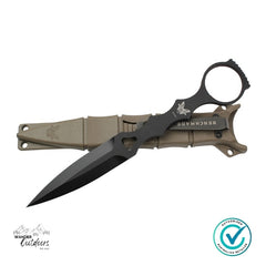 Folding knife with black blade and brown sheath on a white background