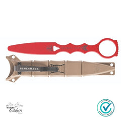 Red and tan knife with 'Benchmade' branding on a white background