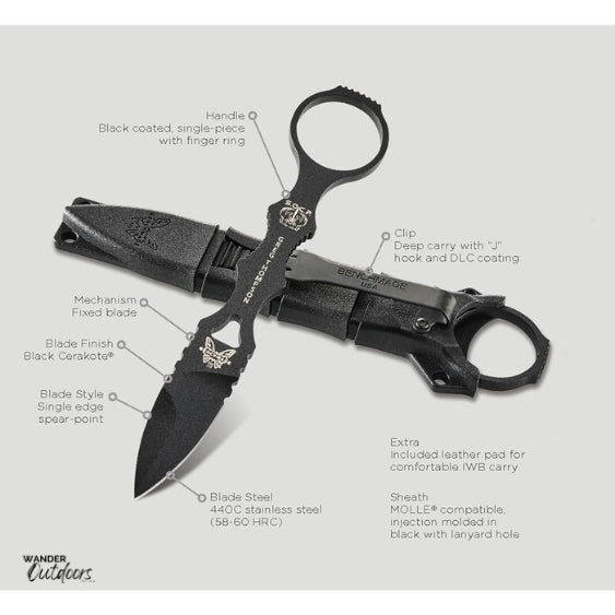 Benchmade 177BK Thompson Mini SOCP (Special Operations Combatives Program) - Spear Point Fixed Blade with Sheath with Features