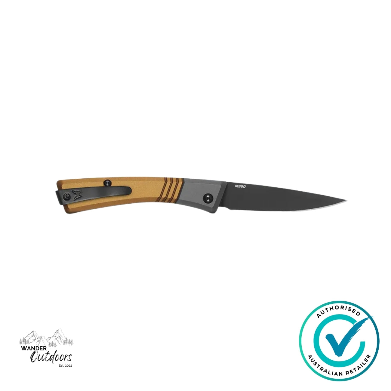 Benchmade 315BK-01 Successor folding knife clip side, featuring black coated pocket clip on burnt brass aluminium handle.
