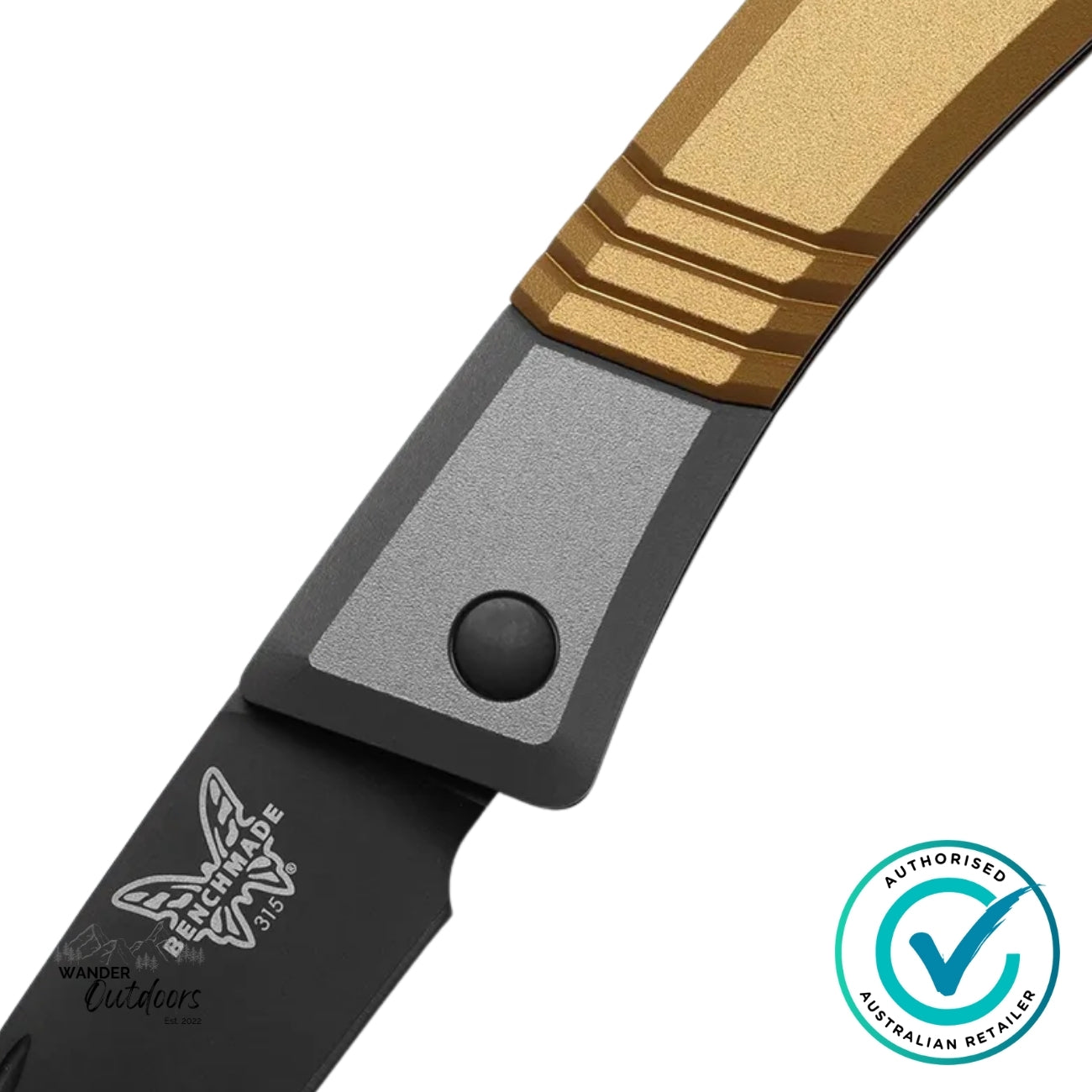 Close-up of Benchmade Successor 315BK-01 handle detail showing precision-machined brass and grey aluminium scales with pivot hardware.