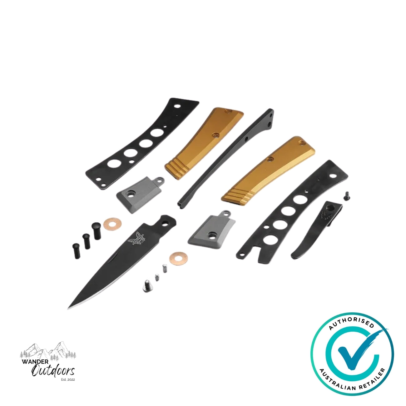 Benchmade 315BK-01 Successor knife components disassembled showing CPM-M390 blade, burnt brass aluminium handles, and titanium liners.