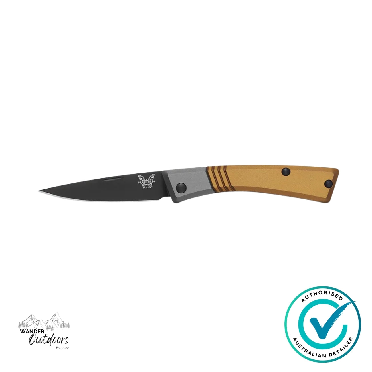 Benchmade Successor 315BK-01 folding knife open, showing black CPM-M390 blade with burnt brass and grey aluminium handle.