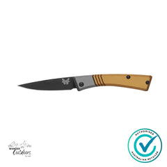 Benchmade Successor 315BK-01 folding knife open, showing black CPM-M390 blade with burnt brass and grey aluminium handle.