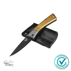 Benchmade Successor 315BK-01 folding knife with CPM-M390 black blade and burnt brass aluminium handle, made in USA.
