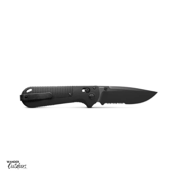 Benchmade 430SBK Redoubt Axis Folding Knife - Part Serrated Blade Flat Lay Clip Side