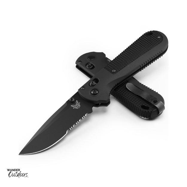 Benchmade 430SBK Redoubt Axis Folding Knife - Part Serrated Blade Stacked Flat Lay