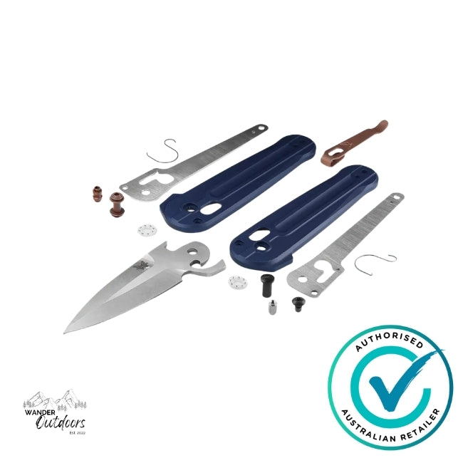 enchmade 491 Lowden Crater Blue knife disassembled to show internal components including blade, scales, washers, and hardware – labelled as authorised Australian retailer Wander Outdoors.