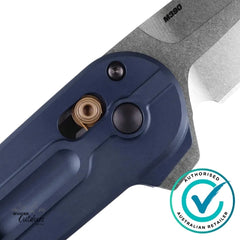 Close-up detail of Benchmade 491 Lowden Crater Blue handle and AXIS Lock system showing bronze pivot and M390 blade marking – authorised Australian retailer watermark.