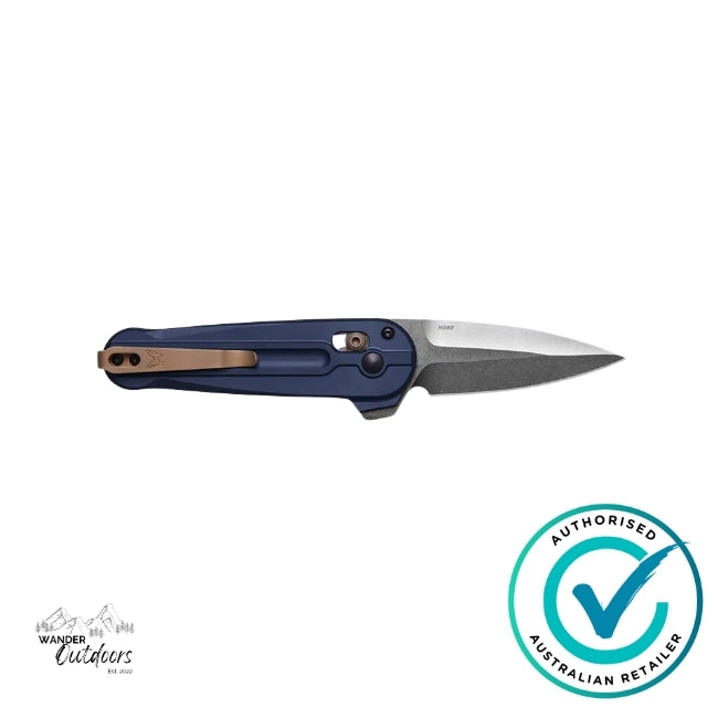 ide profile of Benchmade 491 Lowden Crater Blue folding knife showing bronze deep-carry pocket clip and anodised handle finish – Wander Outdoors authorised retailer logo.
