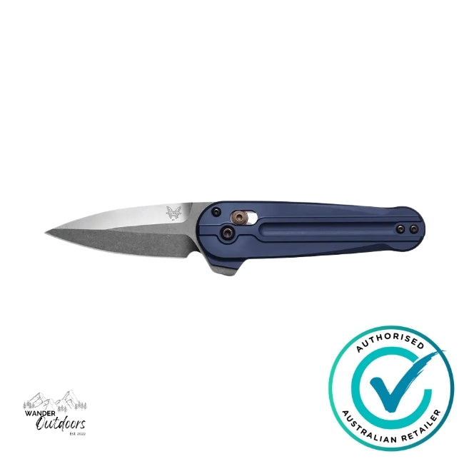 Benchmade 491 Lowden Crater Blue flipper knife photographed flat, open with satin M390 blade and AXIS Lock mechanism – Wander Outdoors authorised Australian retailer watermark.
