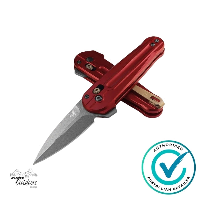 Benchmade 491GY-01 Lowden knife stacked view showing both sides of red anodised aluminium handle and spear point M390 blade.