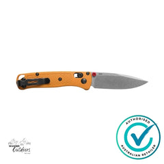 Folding knife with orange handle and visible brand logo on a white background