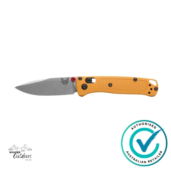 Folding knife with orange handle and silver blade on a white background, featuring an 'Authorized Australian Retailer' badge.