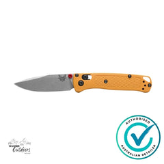 Folding knife with orange handle and silver blade on a white background, featuring an 'Authorized Australian Retailer' badge.