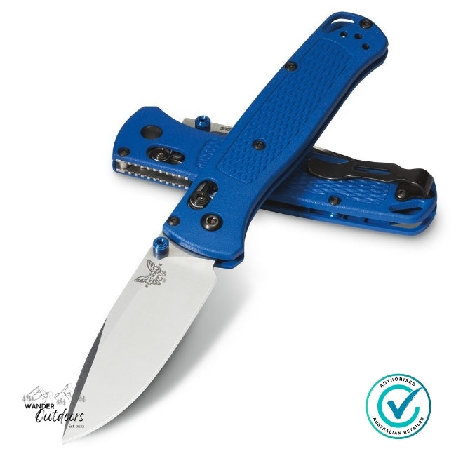 Blue folding knife with a visible brand logo on a white background