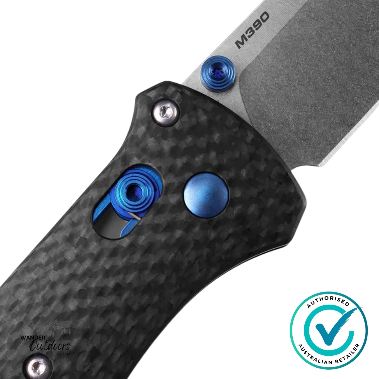 Close-up of Benchmade 537-09 Bailout carbon fibre handle showing AXIS lock system and sapphire blue hardware detail.