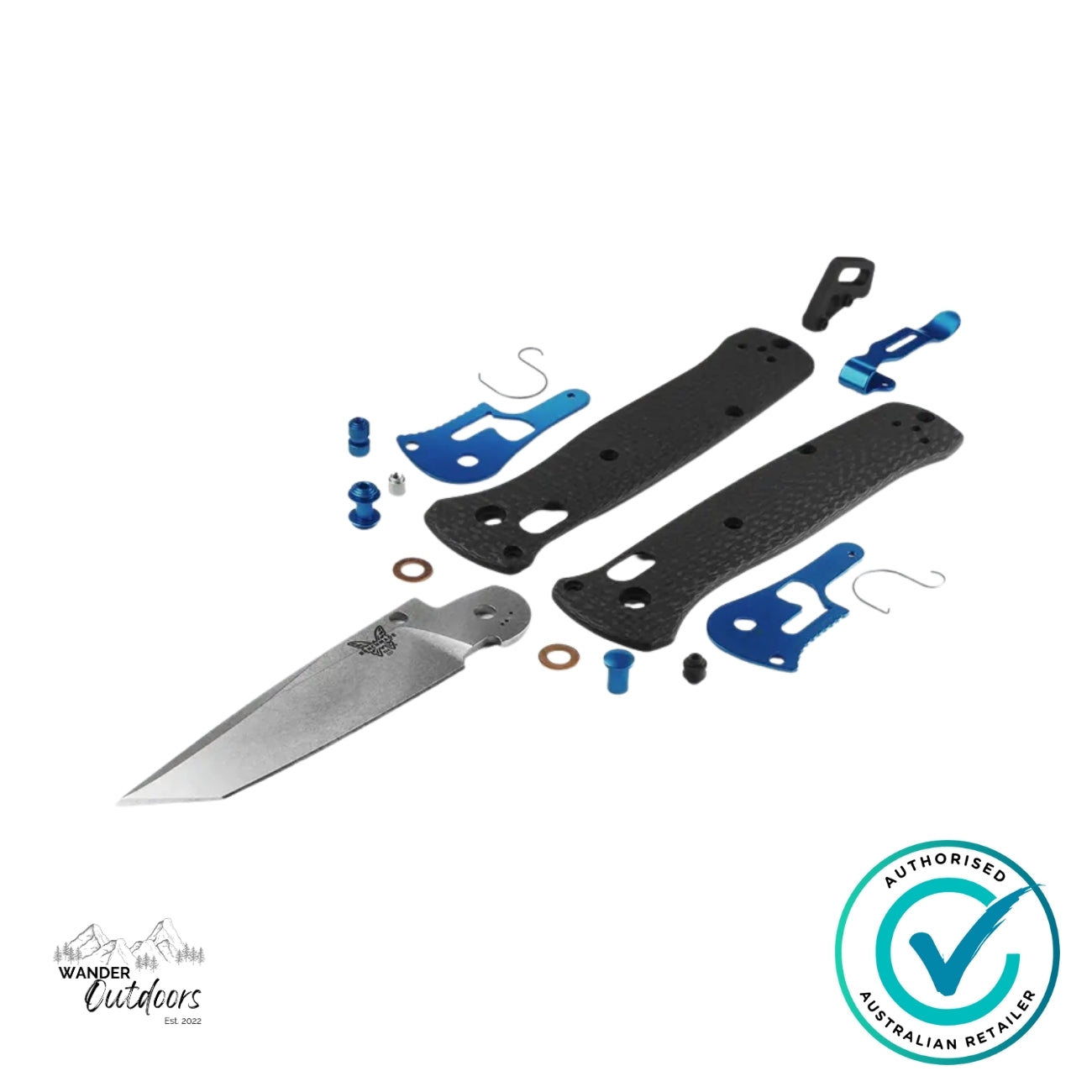 Benchmade 537-09 Bailout folding knife components laid out showing CPM-S90V tanto blade, carbon fibre handles, and sapphire blue hardware parts.