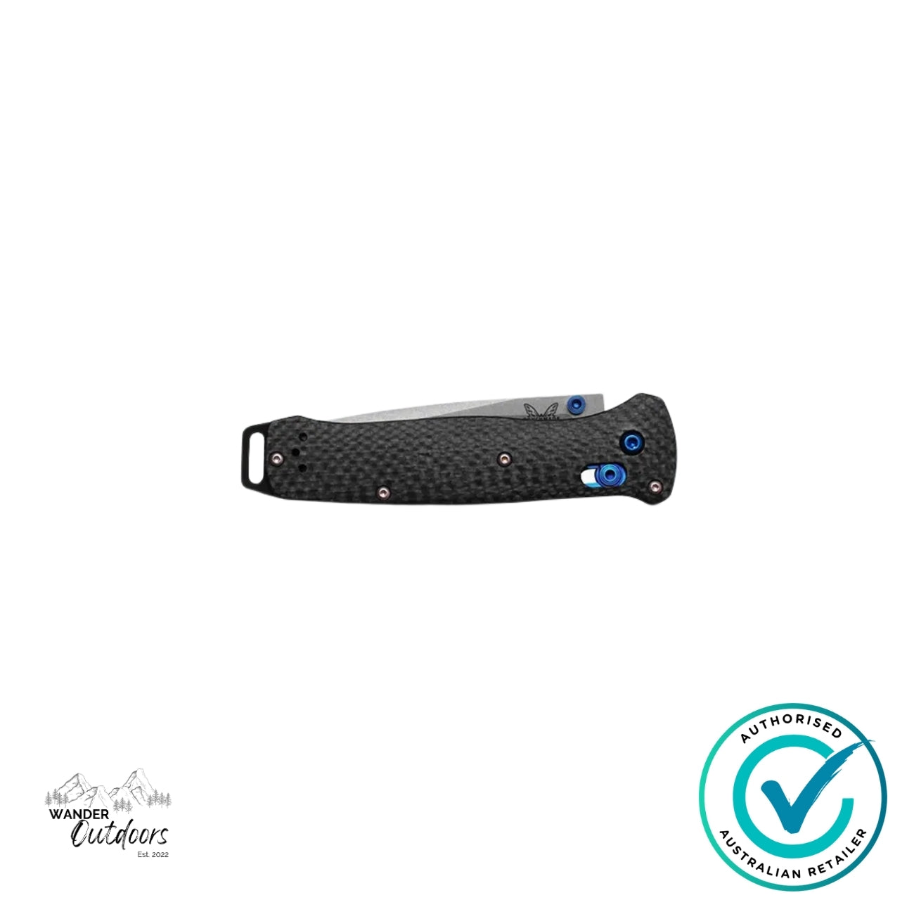 Benchmade 537-09 Bailout folding knife in closed position with carbon fibre scales and blue PVD hardware visible.