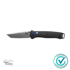 Benchmade 537-09 Bailout open view highlighting 85.9mm stonewashed CPM-S90V tanto blade and lightweight carbon fibre handle.