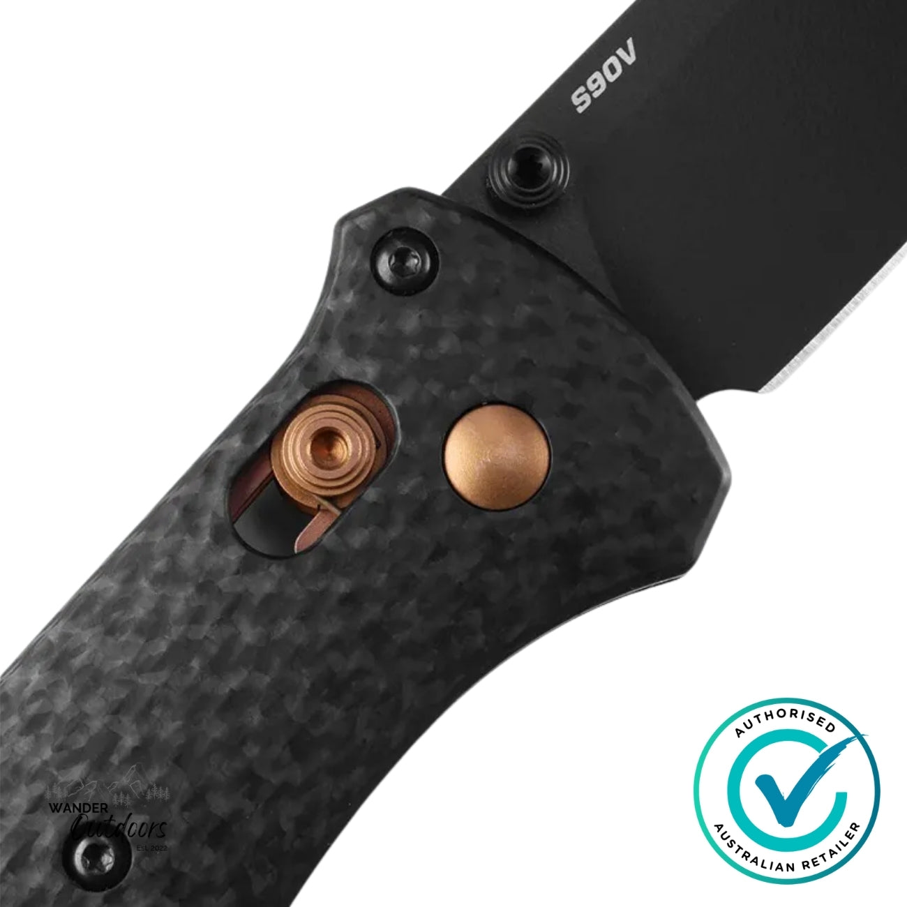 Close-up of Benchmade 537BK-10 Bailout knife handle detailing carbon fibre texture and bronze Axis lock mechanism.