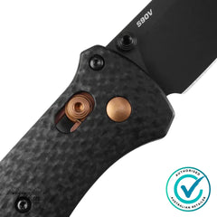 Close-up of Benchmade 537BK-10 Bailout knife handle detailing carbon fibre texture and bronze Axis lock mechanism.