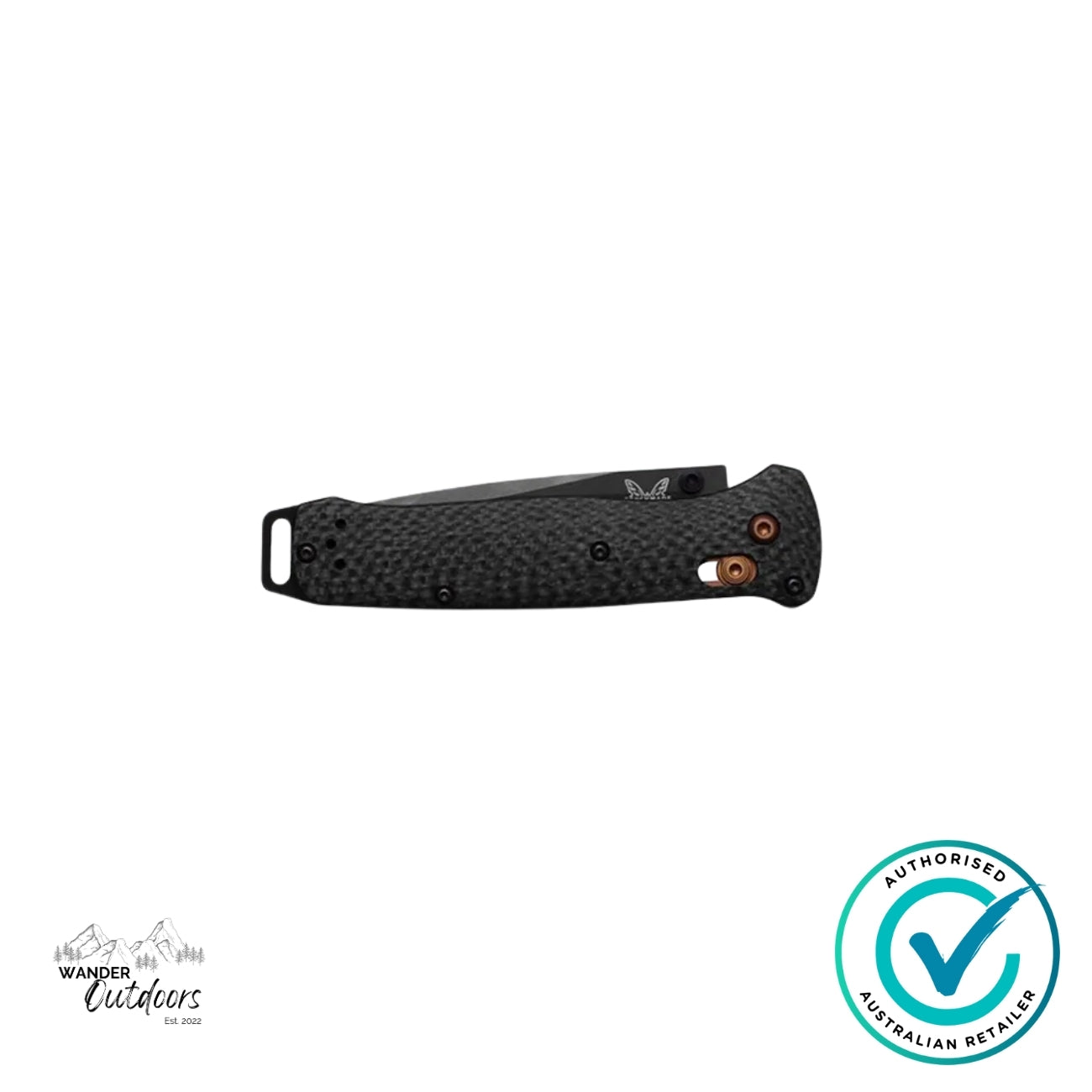 Benchmade 537BK-10 Bailout folding knife in closed position featuring black carbon fibre handle and bronze hardware.