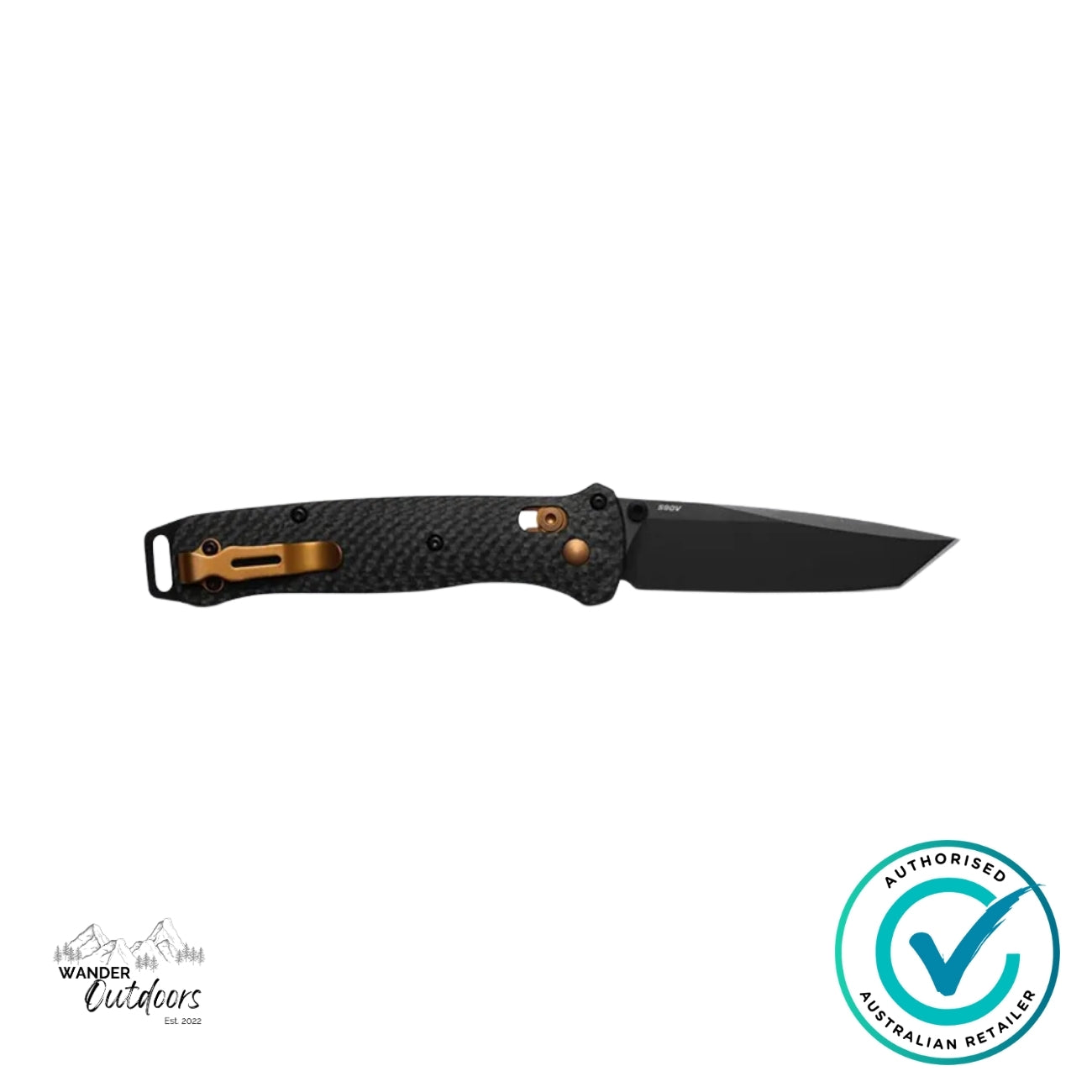 Benchmade 537BK-10 Bailout knife open, showcasing black S90V Tanto blade, bronze pocket clip and lightweight carbon fibre scales.