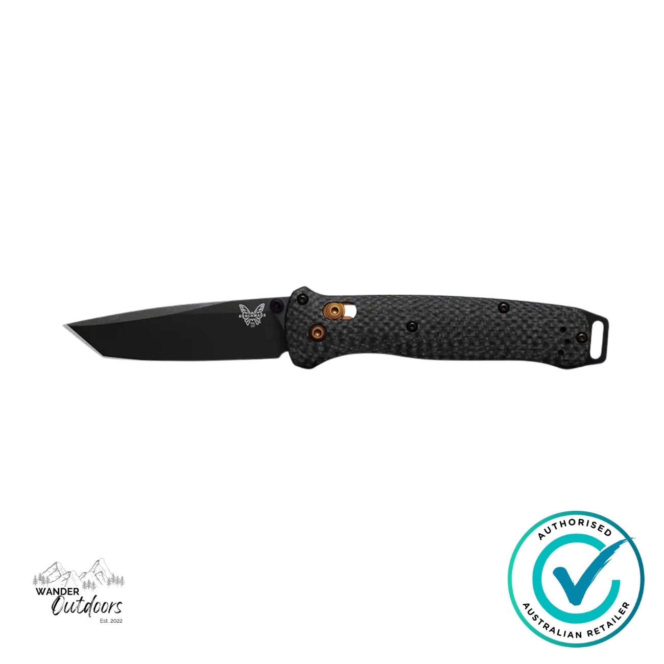 Benchmade 537BK-10 Bailout folding knife fully open with black Tanto blade and carbon fibre handle, premium EDC knife design.