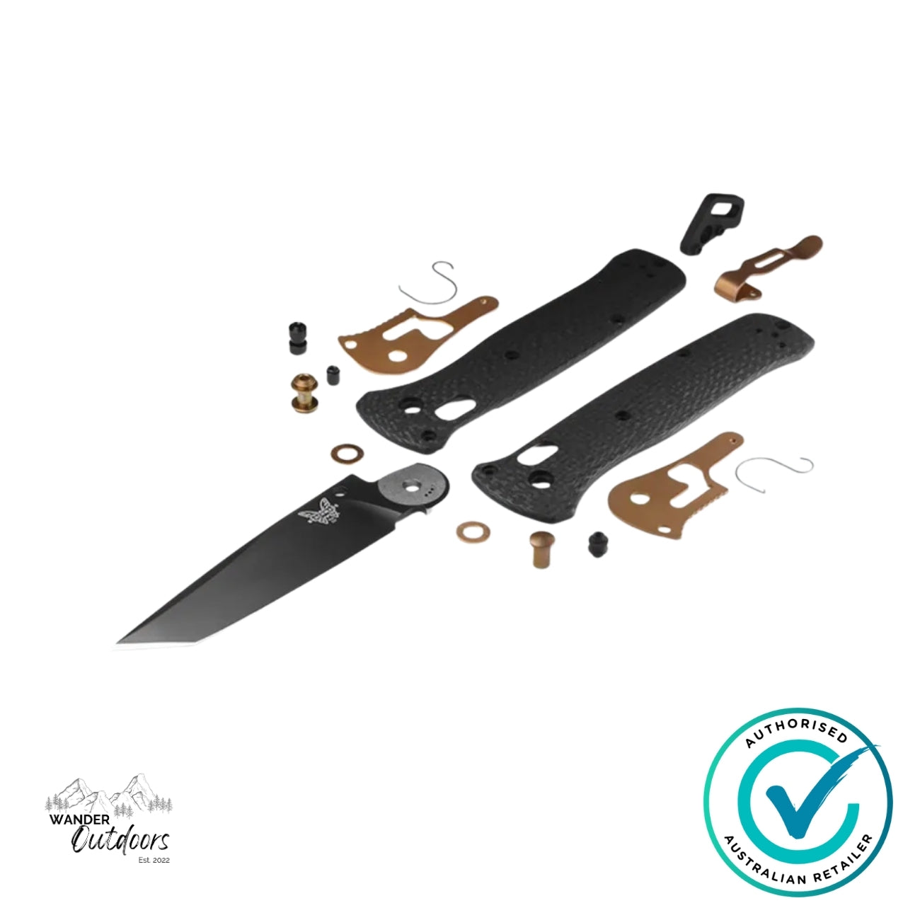 Benchmade 537BK-10 Bailout knife disassembled showing S90V steel blade, carbon fibre handle scales, bronze hardware and Axis lock components.