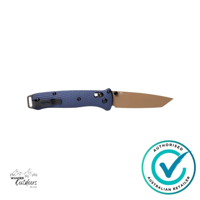 Folding knife with blue handle and brown blade on a white background, featuring an 'Authorized Australian Retailer' badge.