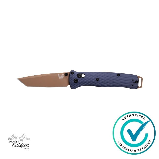 Folding knife with a blue handle and brown blade on a white background, featuring an 'Authorized Australian Retailer' badge.
