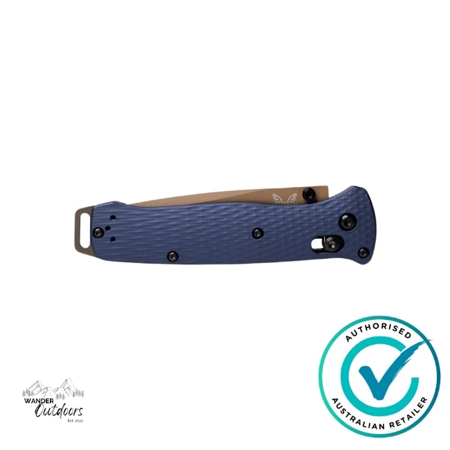 Folding knife with blue blade and brown handle on a white background, featuring an 'Authorized Australian Retailer' badge.