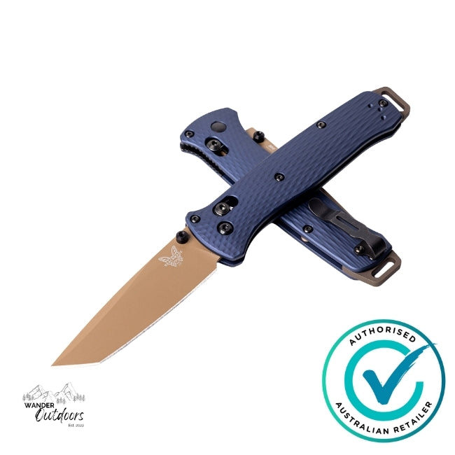 Folding knife with blue handle and tan blade on a white background, featuring an 'Authorised Australian Retailer' badge.
