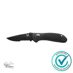 Black folding knife with a visible brand logo on a white background, featuring an 'Authorized Australian Retailer' badge.