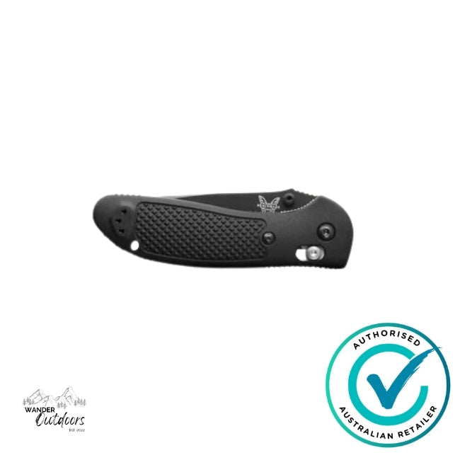 Black folding knife with a branded logo on a white background