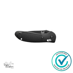 Black folding knife with a branded logo on a white background