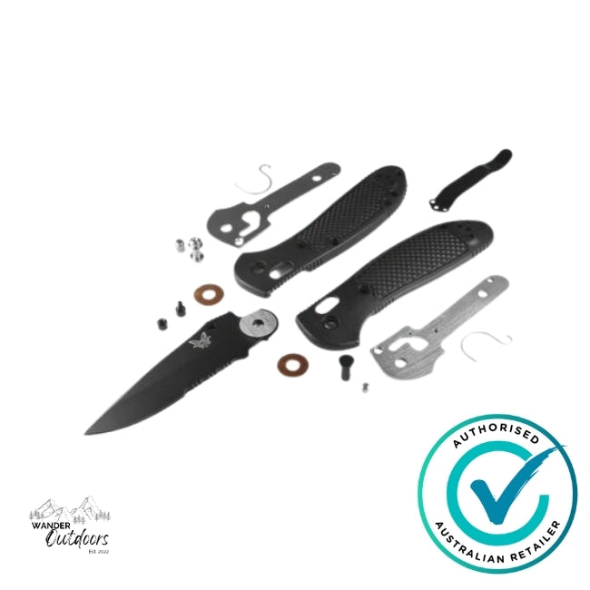 Knife components on a white background, featuring an 'Authorized Australian Retailer' badge.