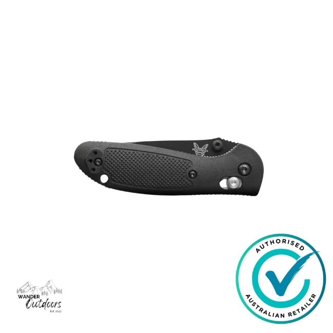 Black folding knife with a brand logo on a white background, featuring an 'Authorized Australian Retailer' badge.