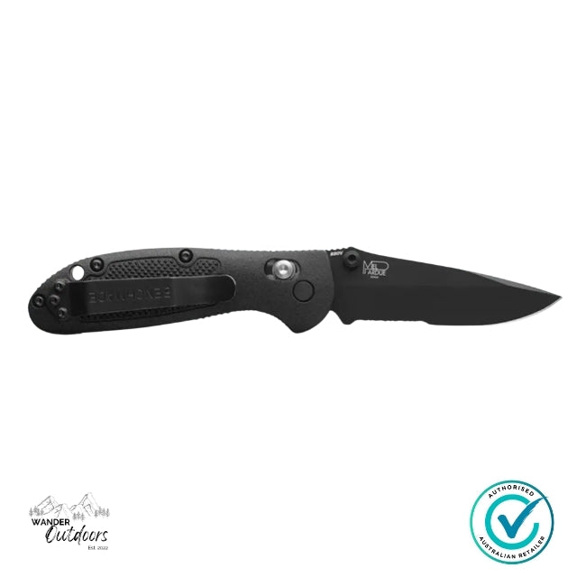 Black folding knife on a white background with a visible brand logo.